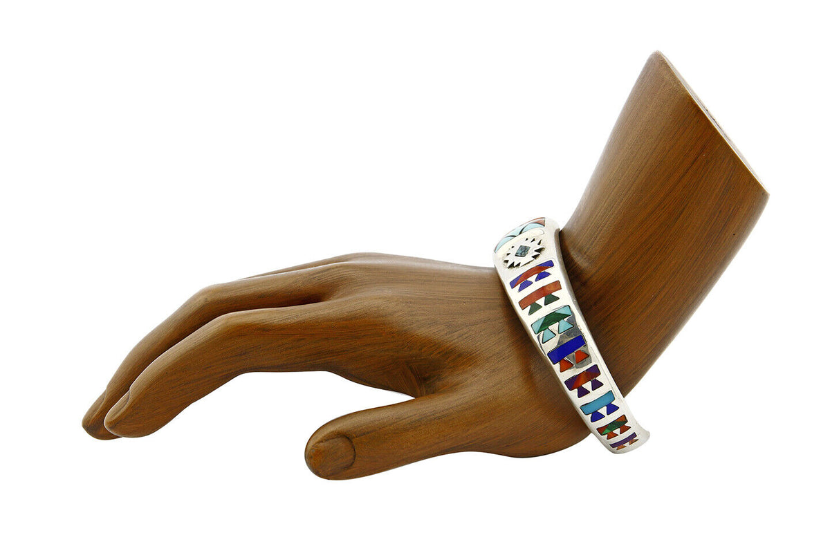 Navajo Cuff Bracelet.925 Silver Signed STC Inlay Natural Gemstones C. 1980's