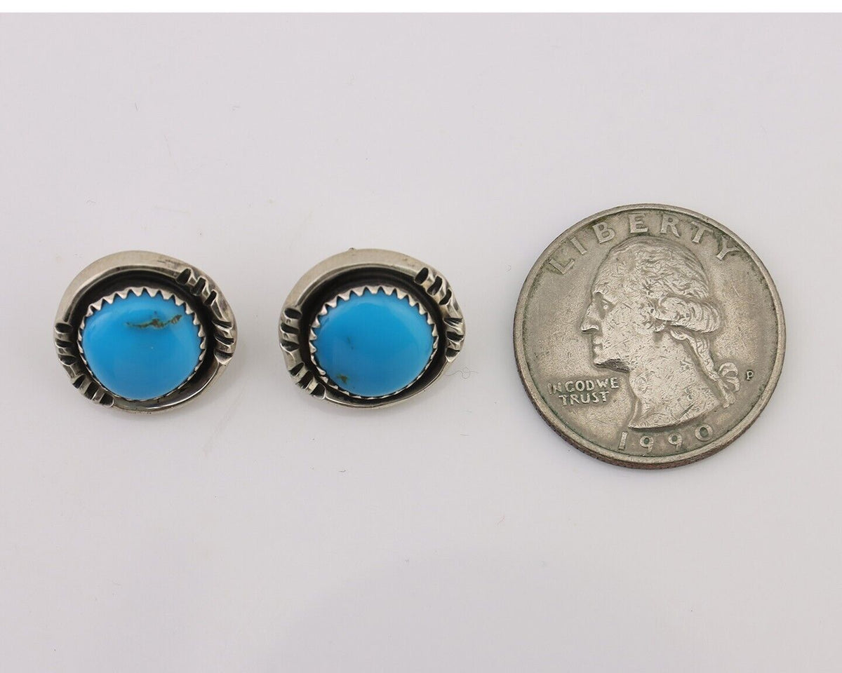 Navajo Earrings 925 Silver Natural Blue Turquoise Native American Artist C.80s