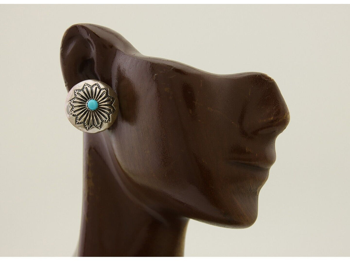 Navajo Shield Earrings 925 Silver Blue Turquoise Artist Signed SN C.80s