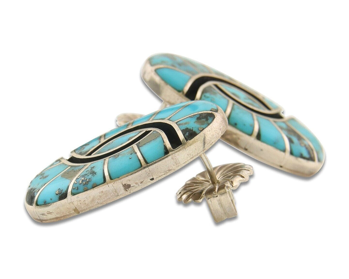 Navajo Earrings 925 Silver Natural Morenci Turquoise Native Artist C.80's