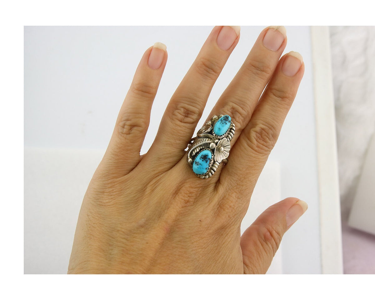 Vintage Navajo Ring Sterling Silver Authentic Turquoise Signed Max C Size 7.75