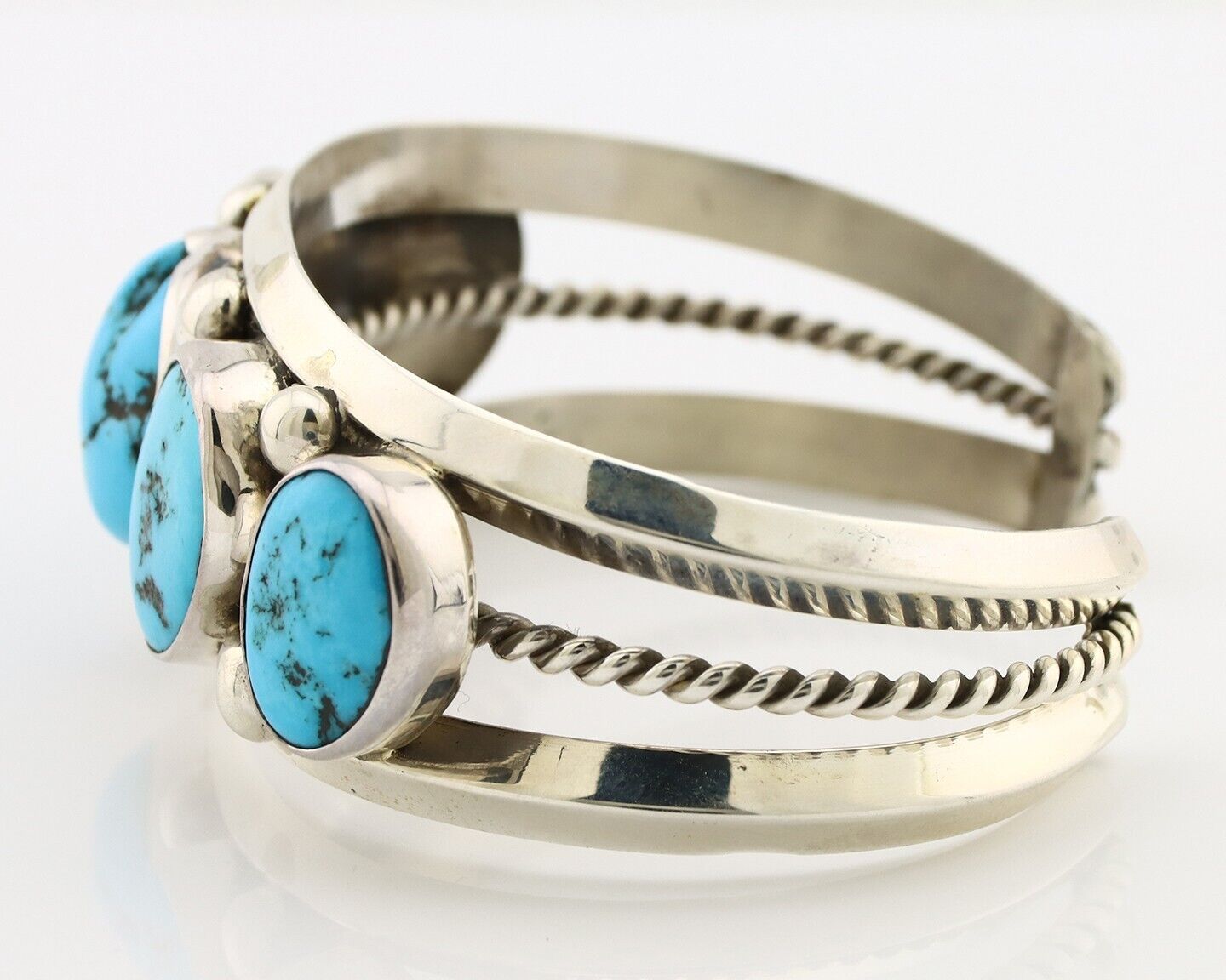 Navajo Bracelet 925 Silver Nugget Sleeping Beauty Turquoise Artist Signed JR C80