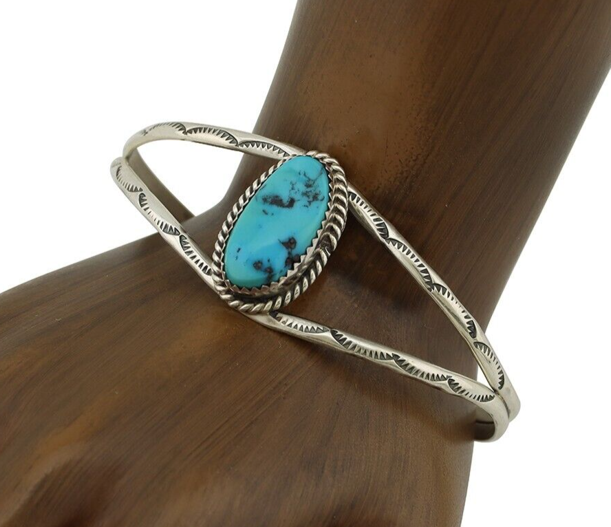 Navajo Bracelet 925 Silver Sleeping Beauty Turquoise Signed Robert Vandover C80s