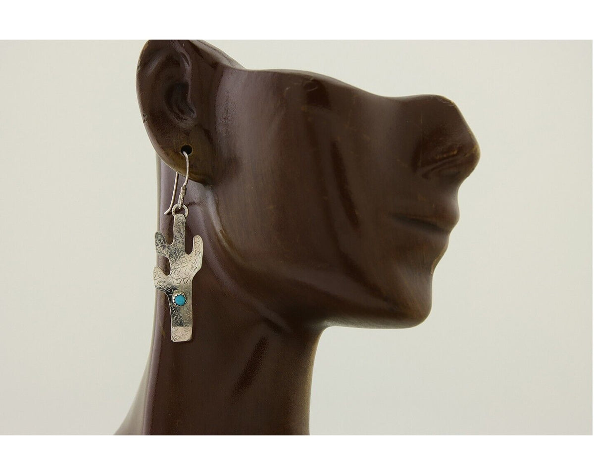 Navajo Handmade Cactus Earrings 925 Silver Natural Turquoise Native Artist C.80s