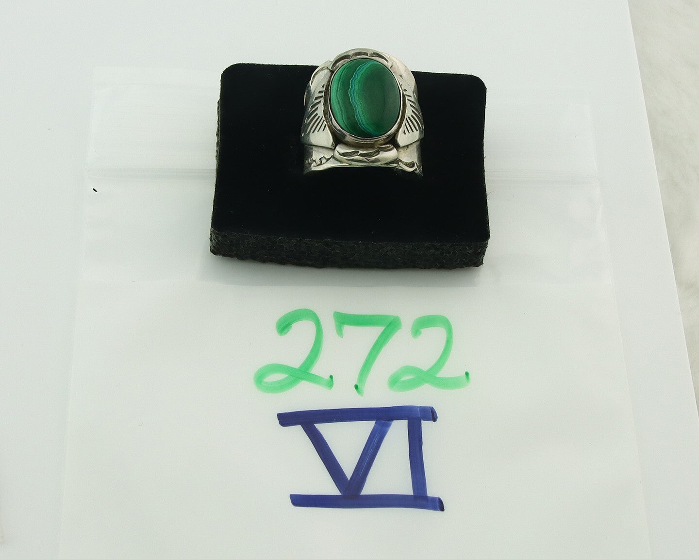 Vintage Navajo Ring 925 Sterling Silver Malachite Signed Juan Guerro Size 10.5