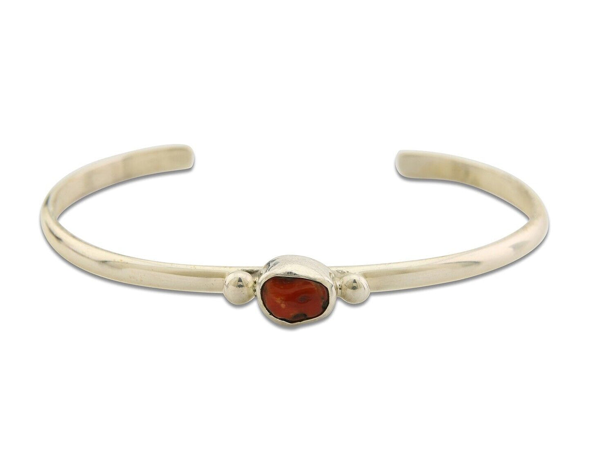Navajo Bracelet .925 Silver Mediterranean Red Coral Cuff Native Artist C.80's