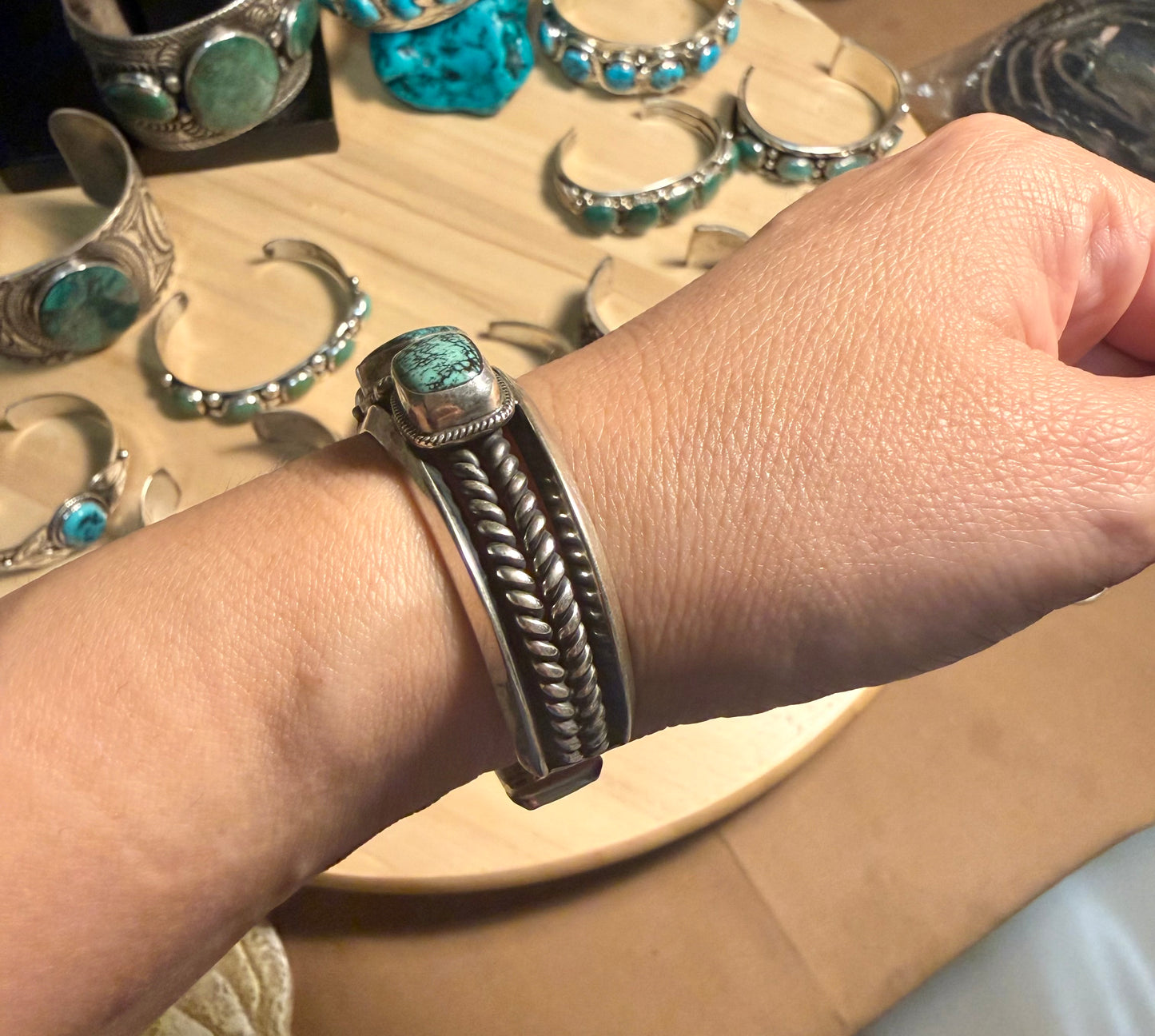 Vintage Navajo natural turquoise sterling silver cuff bracelet signed Vivian Barbone