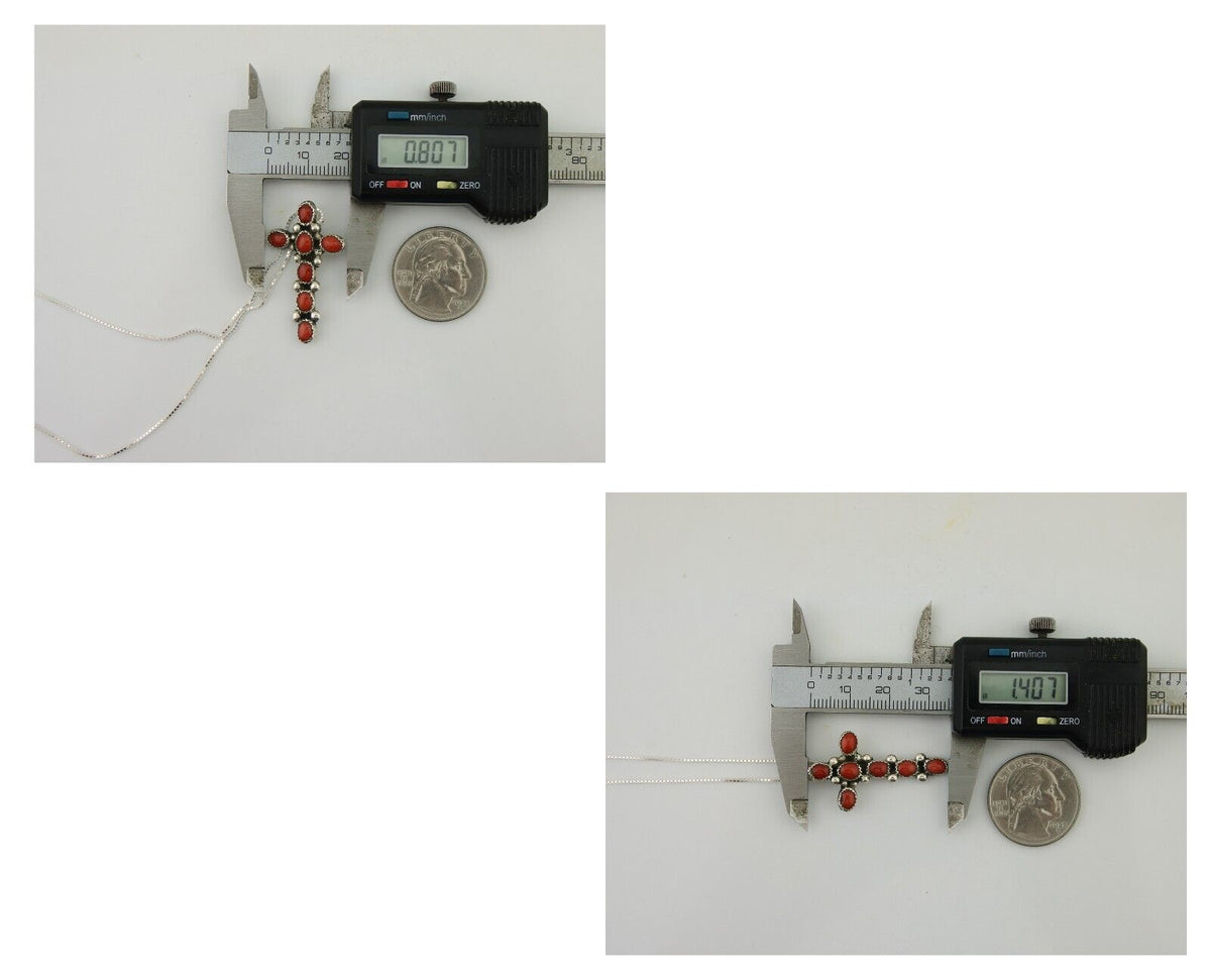 Navajo Cross Necklace 925 Silver Mediterranean Coral Native American Artist C80s