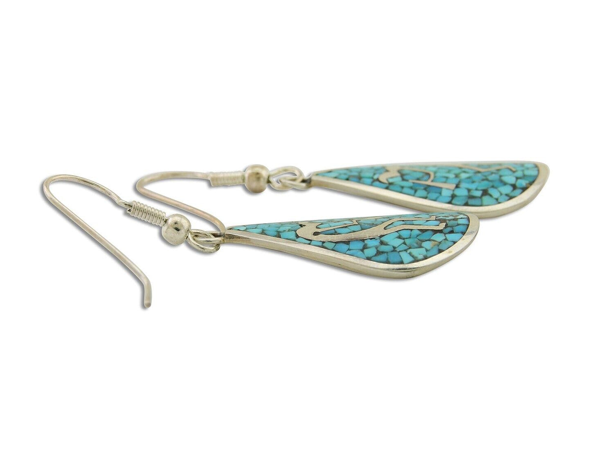 Navajo Kokopelli Earrings 999 Nickel Chip Inlay Turquoise Coral Native American