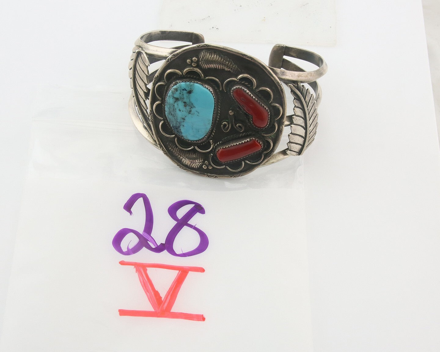 Men Navajo Bracelet 925 Silver Coral & Turquoise Native American Artist C.80's