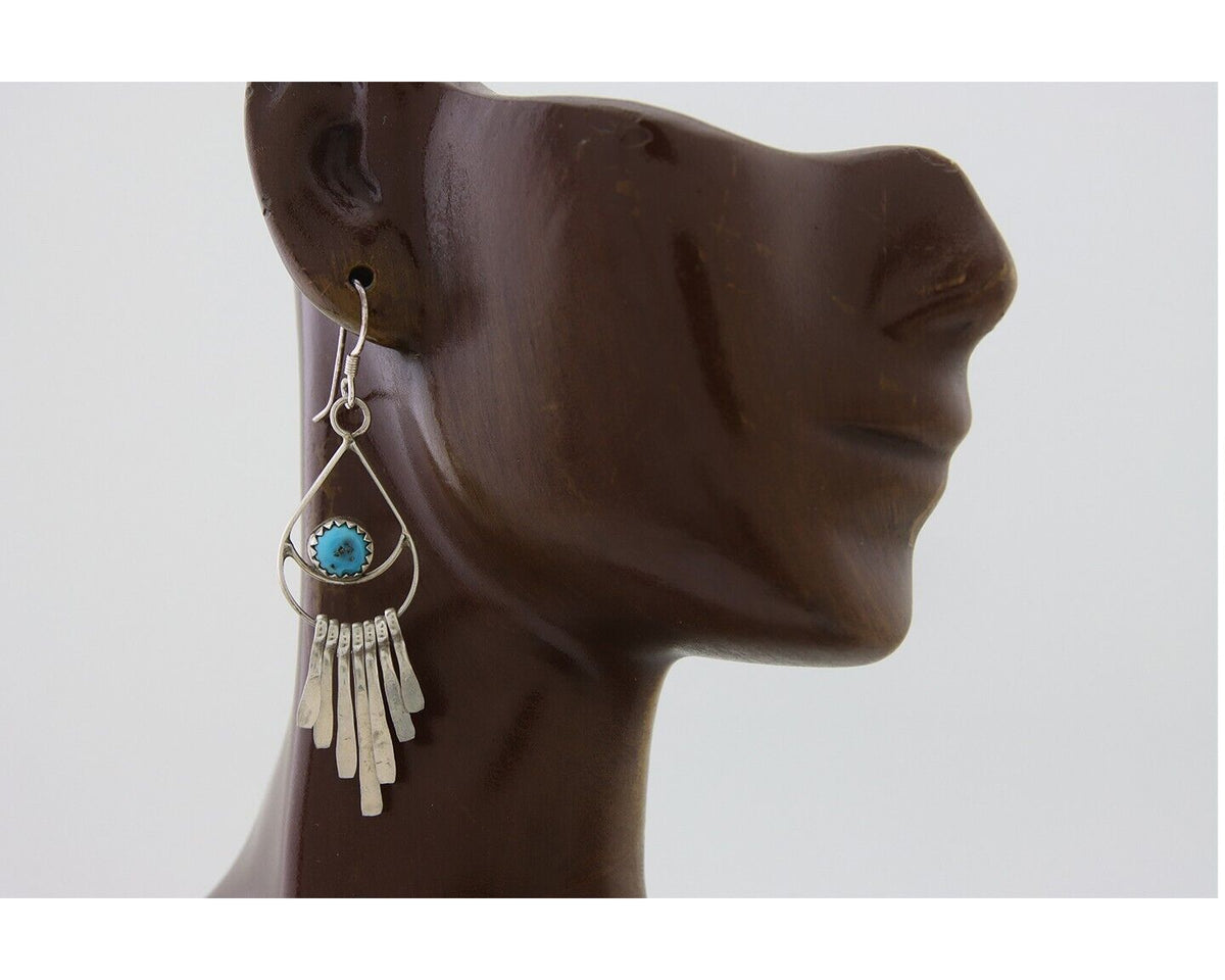 Navajo Dangle Earrings 925 Silver Natural Turquoise Artist Signed JB C.80's