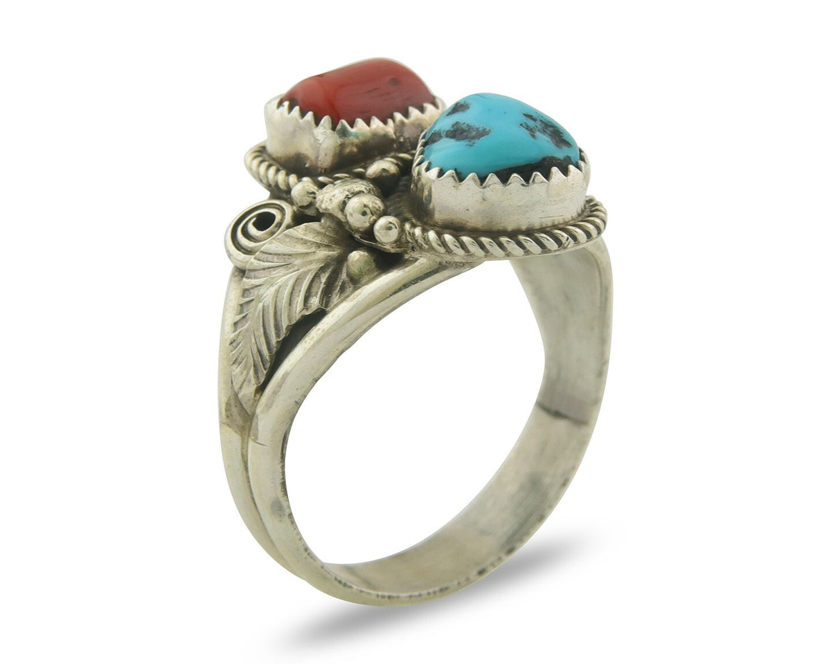 Men Navajo Ring 925 Sterling Natural Coral & Turquoise Signed JM C.80's Size 13