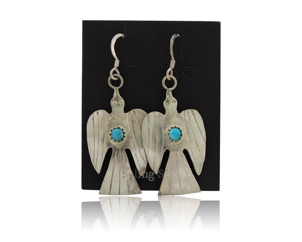 Navajo Thunderbird Earrings 925 Silver Natural Turquoise Native Artist C.80's