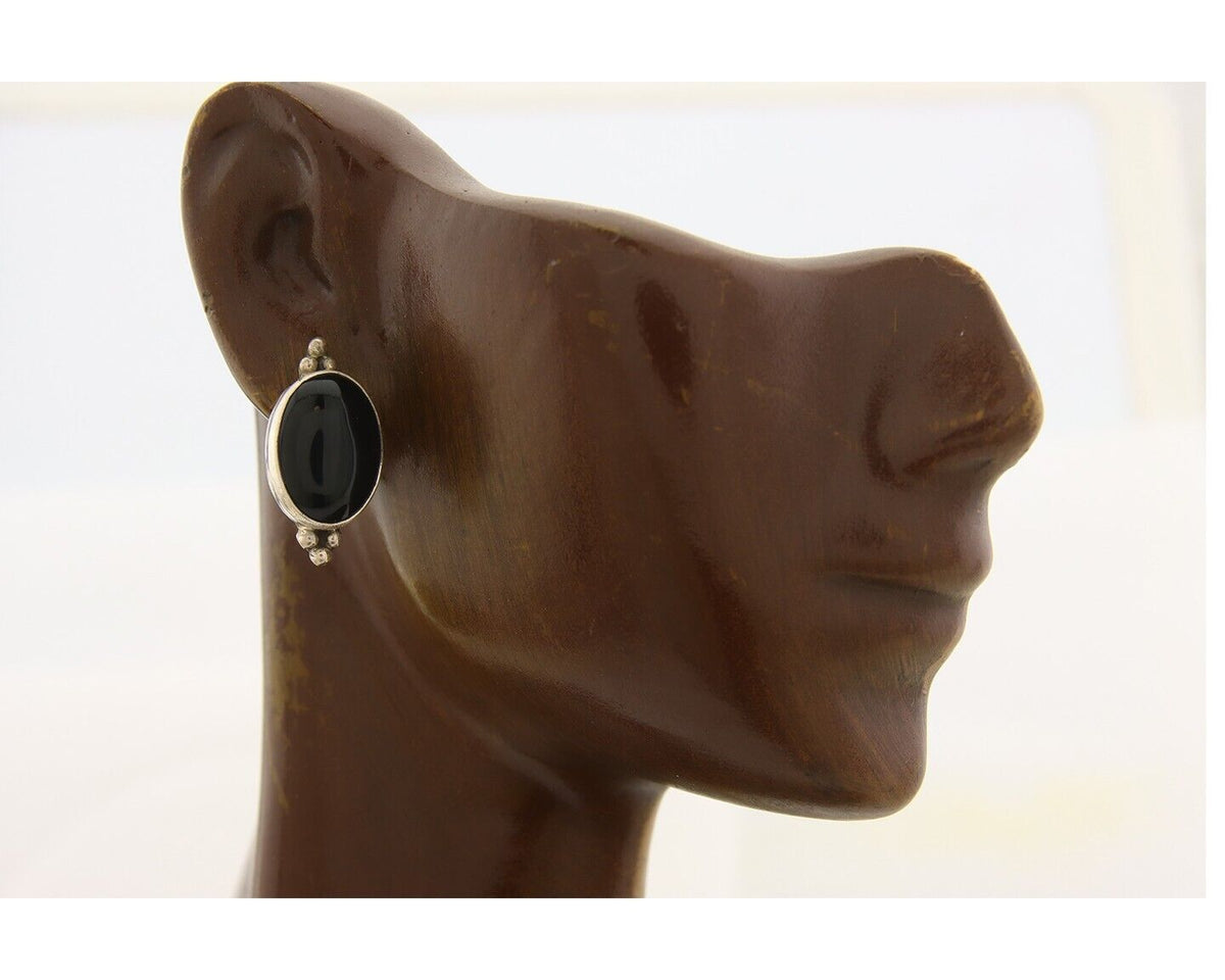 Navajo Earrings 925 Silver Handmade Natural Black Onyx Signed NAKAI C.80's