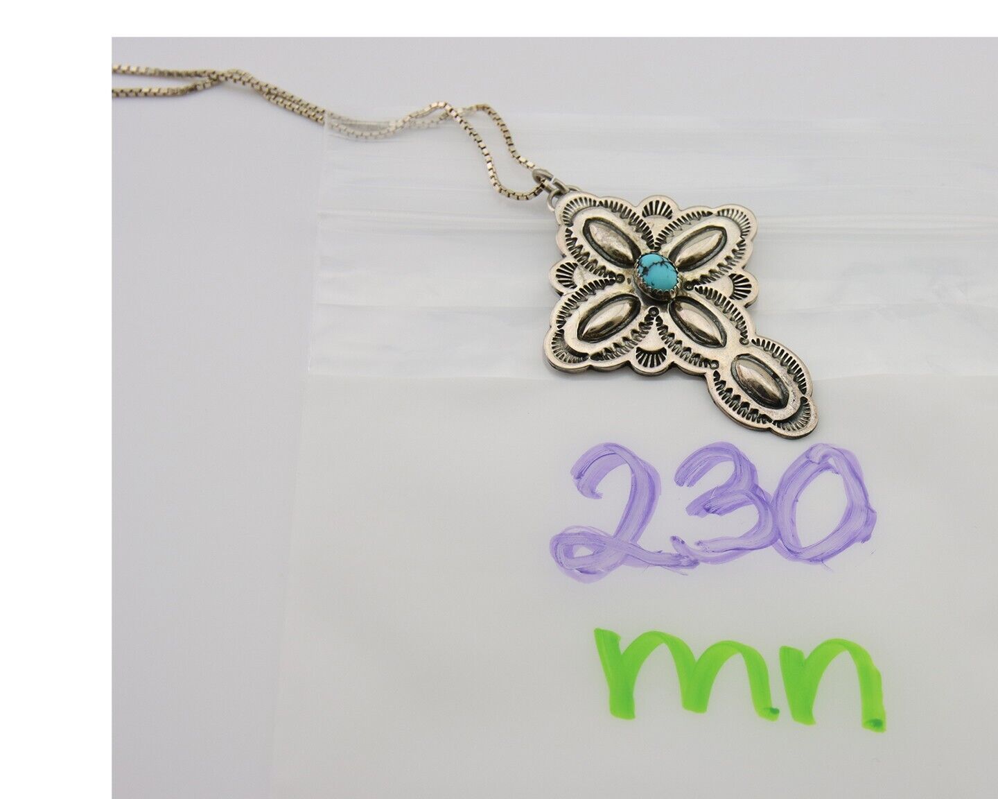 Navajo Cross Hand Stamped Necklace 925 Silver Natural Turquoise Artist JRS C.80s
