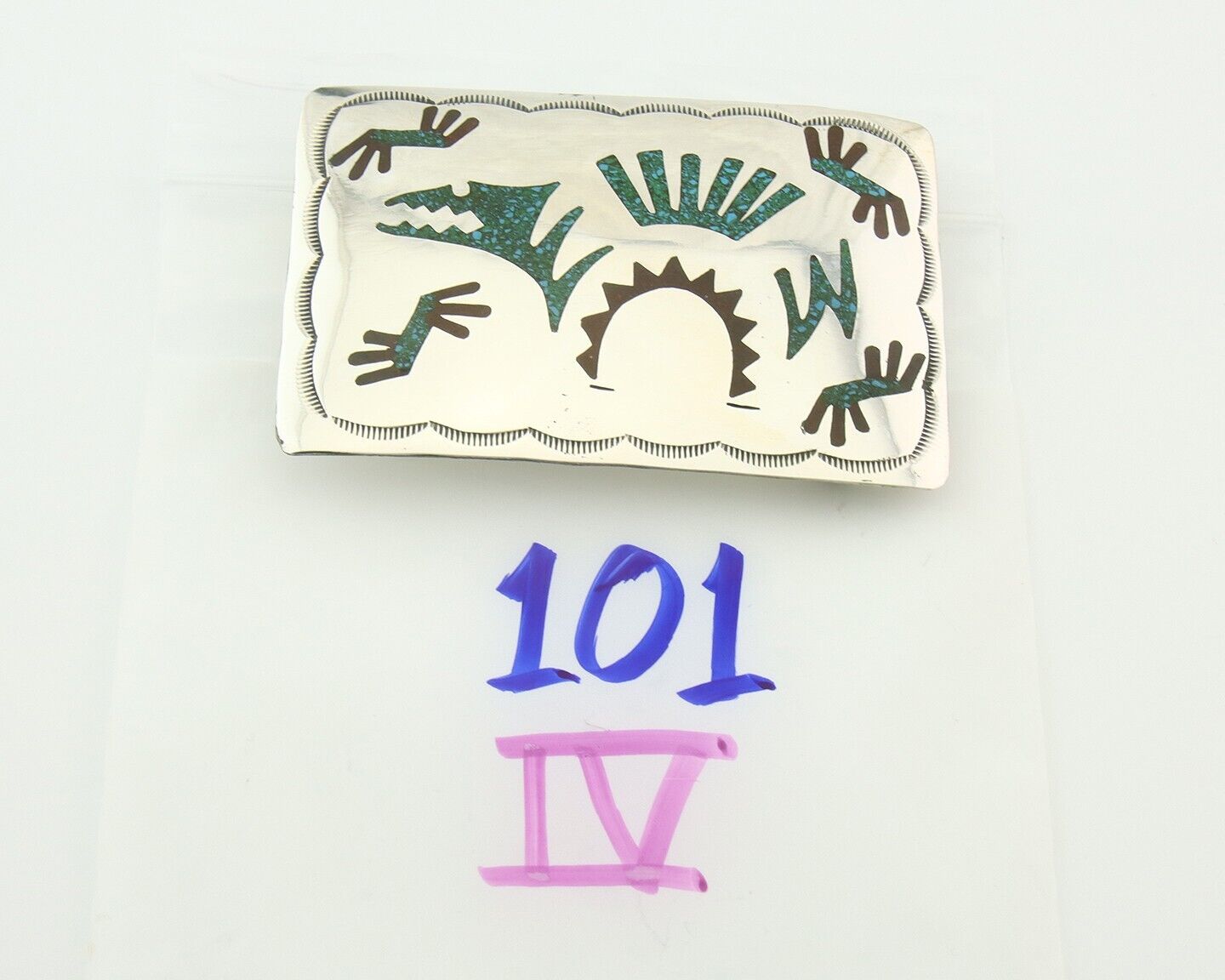 Vintage Navajo Belt Buckle 925 Silver Handmade Inlaid Gemstone Signed HB