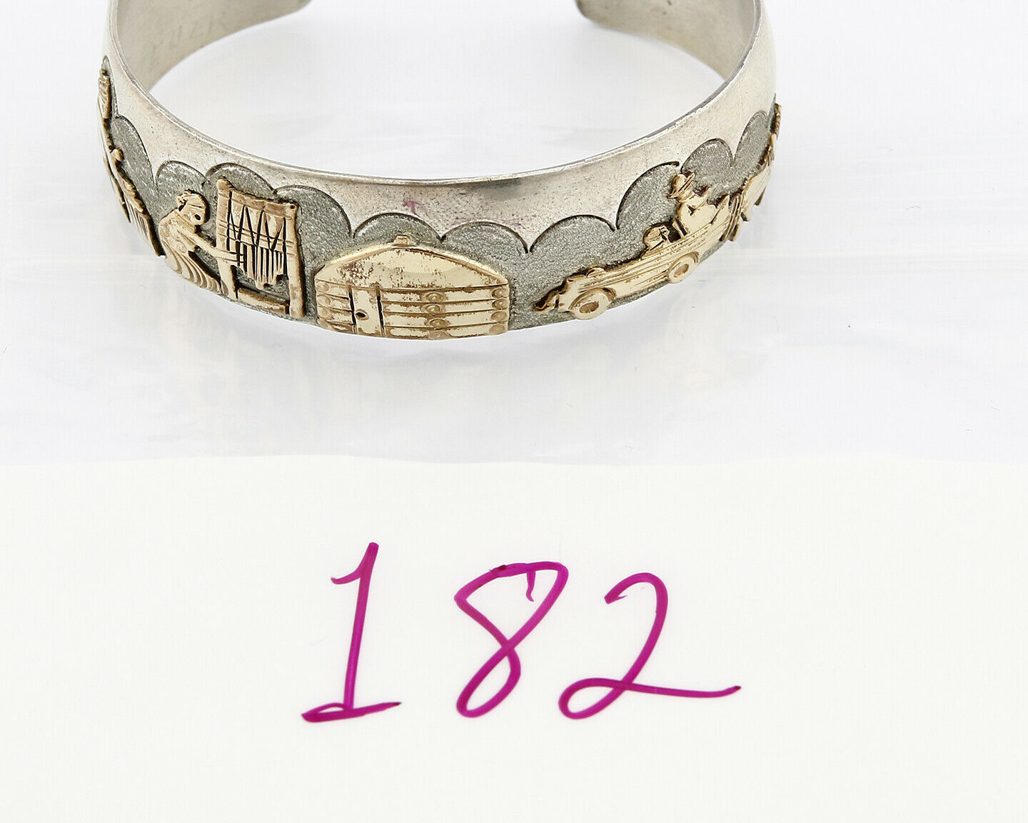 Navajo Artist Signed Jacob Kahe .925 Silver 12k Gold Plate Pictograph Cuff