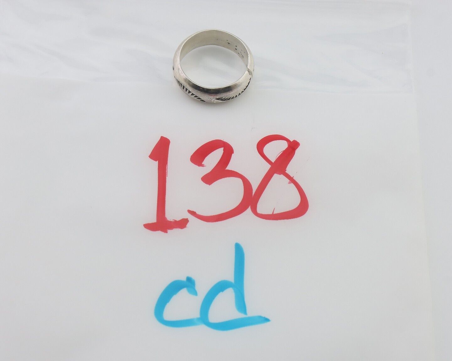 Navajo Hand Stamped Band 925 Silver 6.0 mm Signed Larry Chavez Size 5.5 C.80's