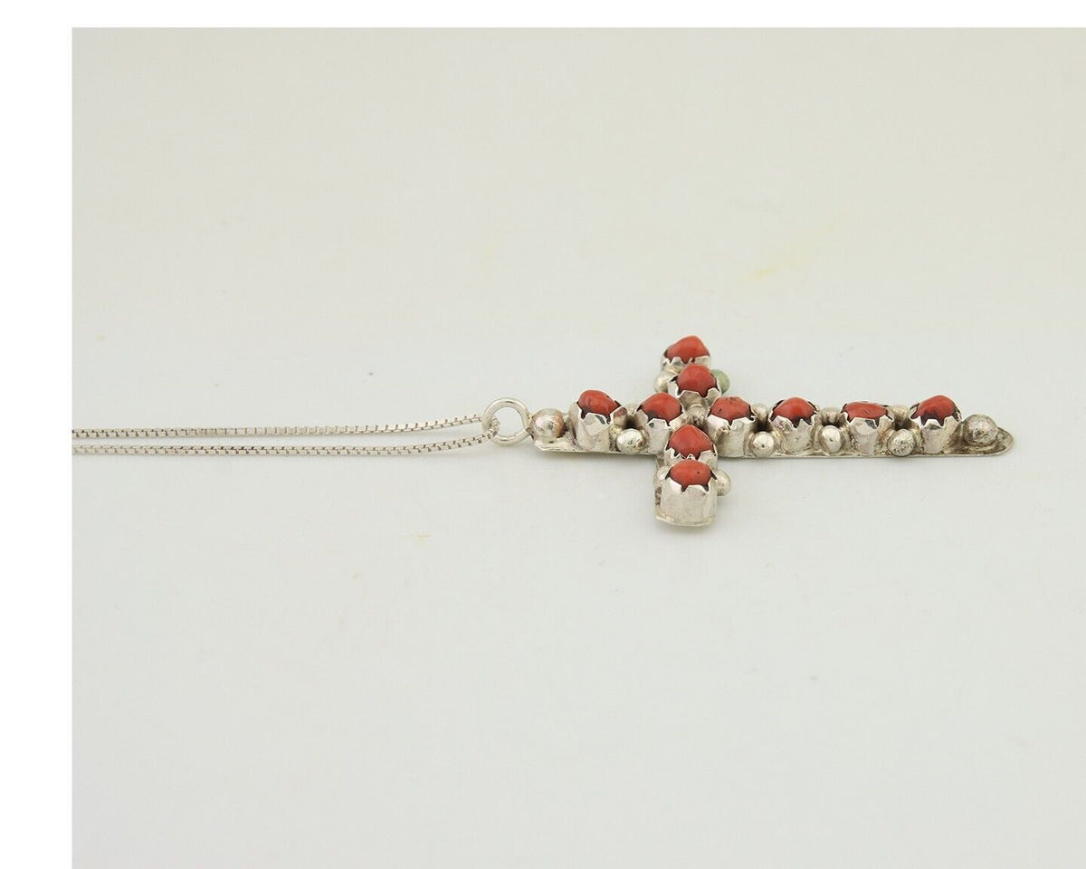 Navajo Cross Necklace 925 Silver Snake Eye Coral Native American Artist C80s