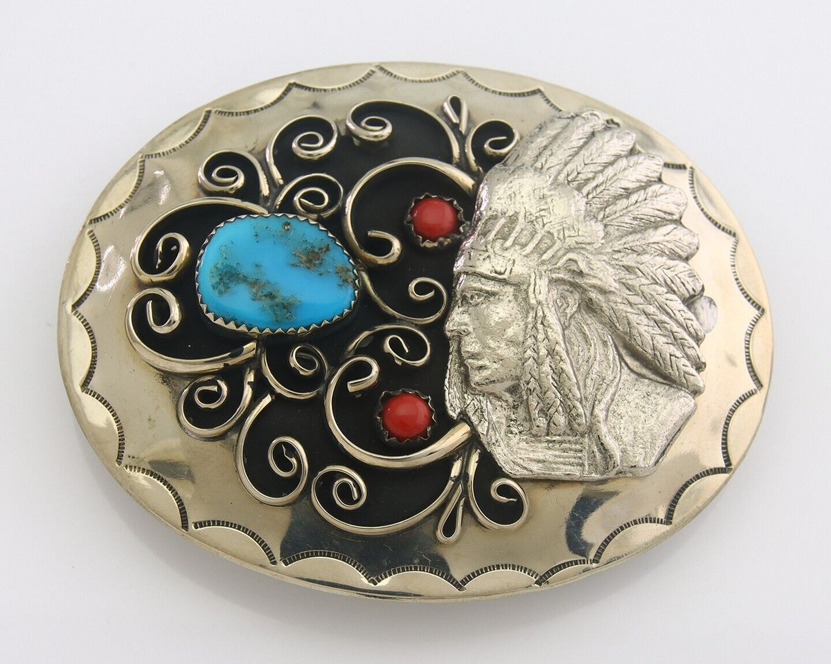 Navajo Belt Buckle .999 Nickel Buffalo Gemstone Signed 2.35 x 3.0 in C.80's