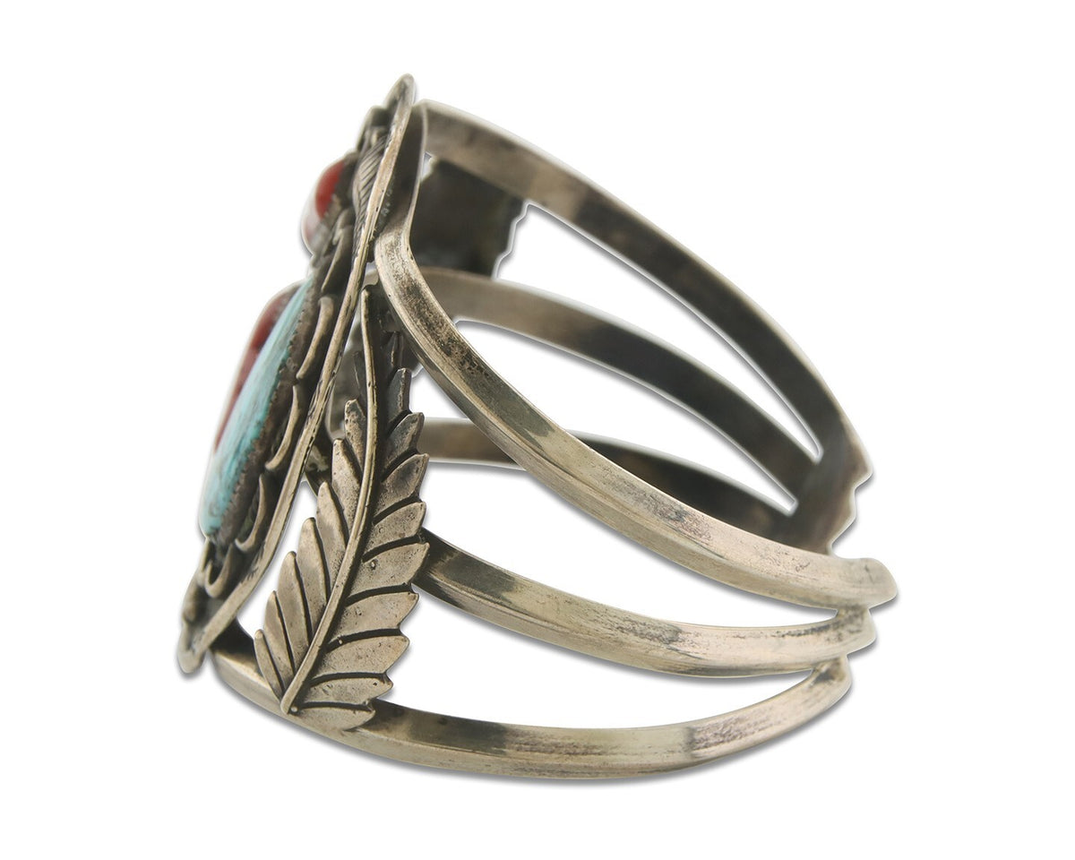 Men Navajo Bracelet 925 Silver Coral & Turquoise Native American Artist C.80's