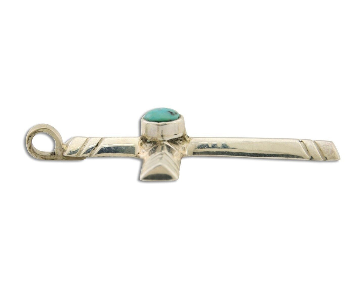 Navajo Sand Cast Cross Pendant 925 Silver Turquoise Artist Signed J Yazzie C.80s