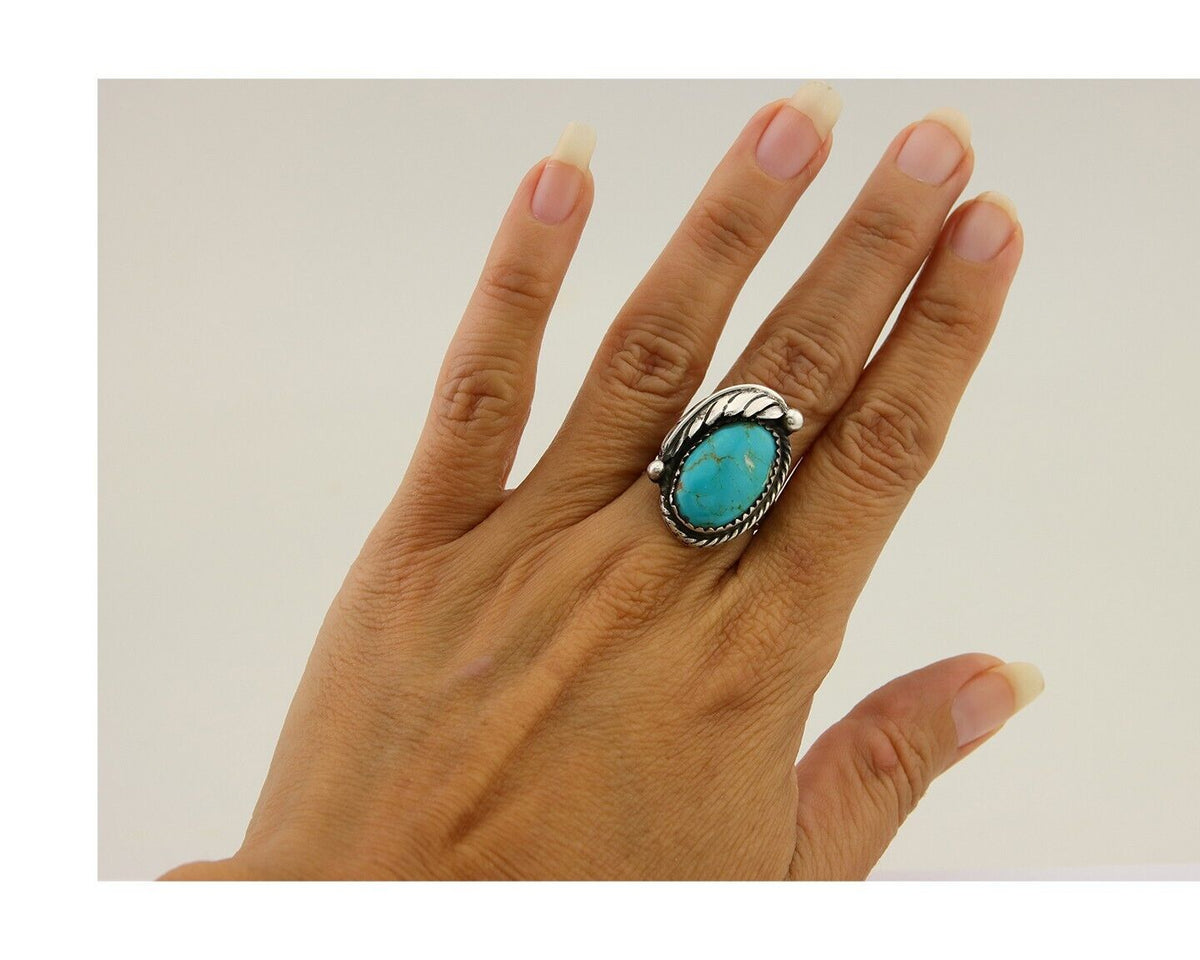 Navajo Ring 925 Sterling Silver Blue Turquoise Native American Artist C.80's