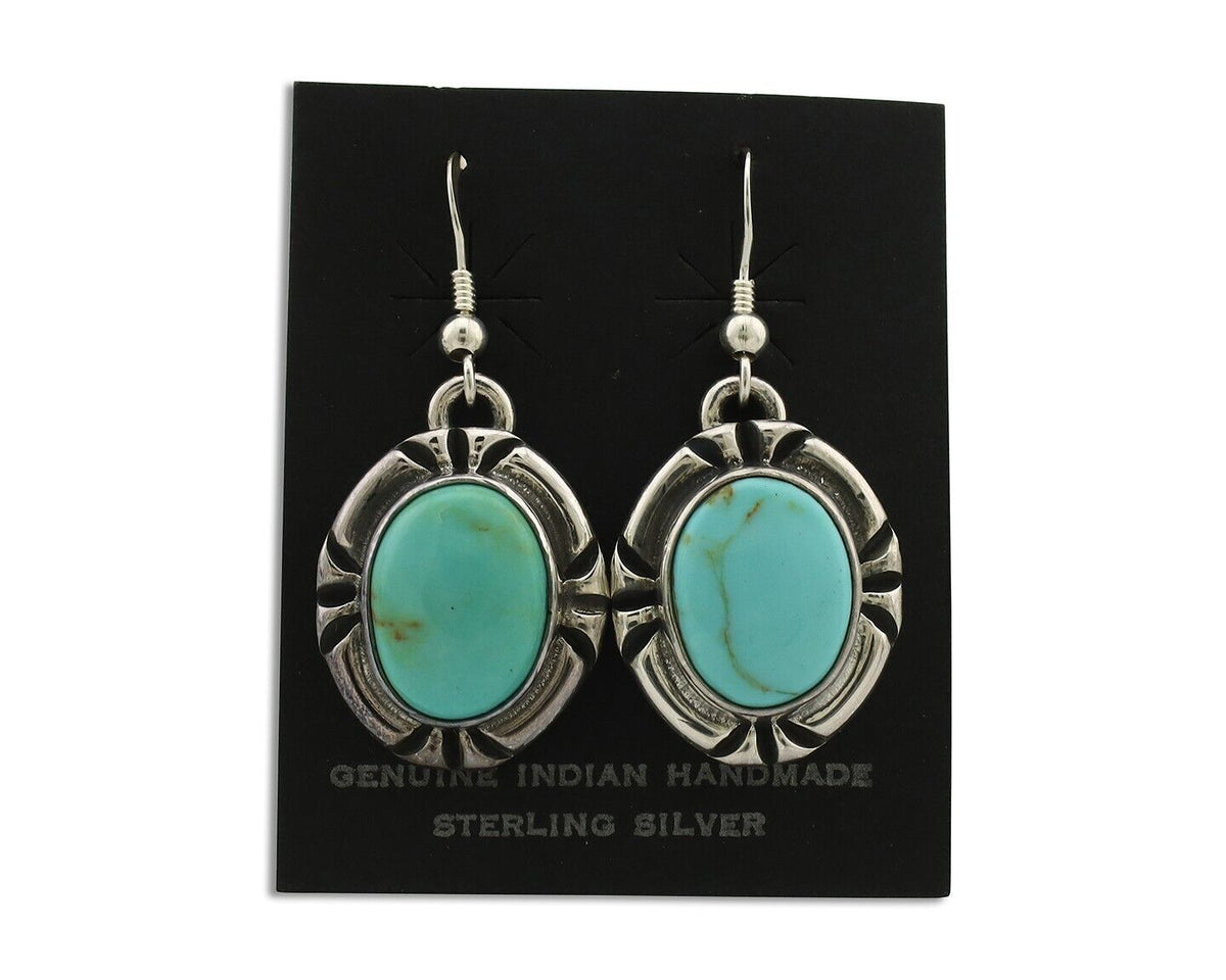 Navajo Handmade Earrings 925 Silver Natural Arizona Turquoise Signed Gecko C.80s