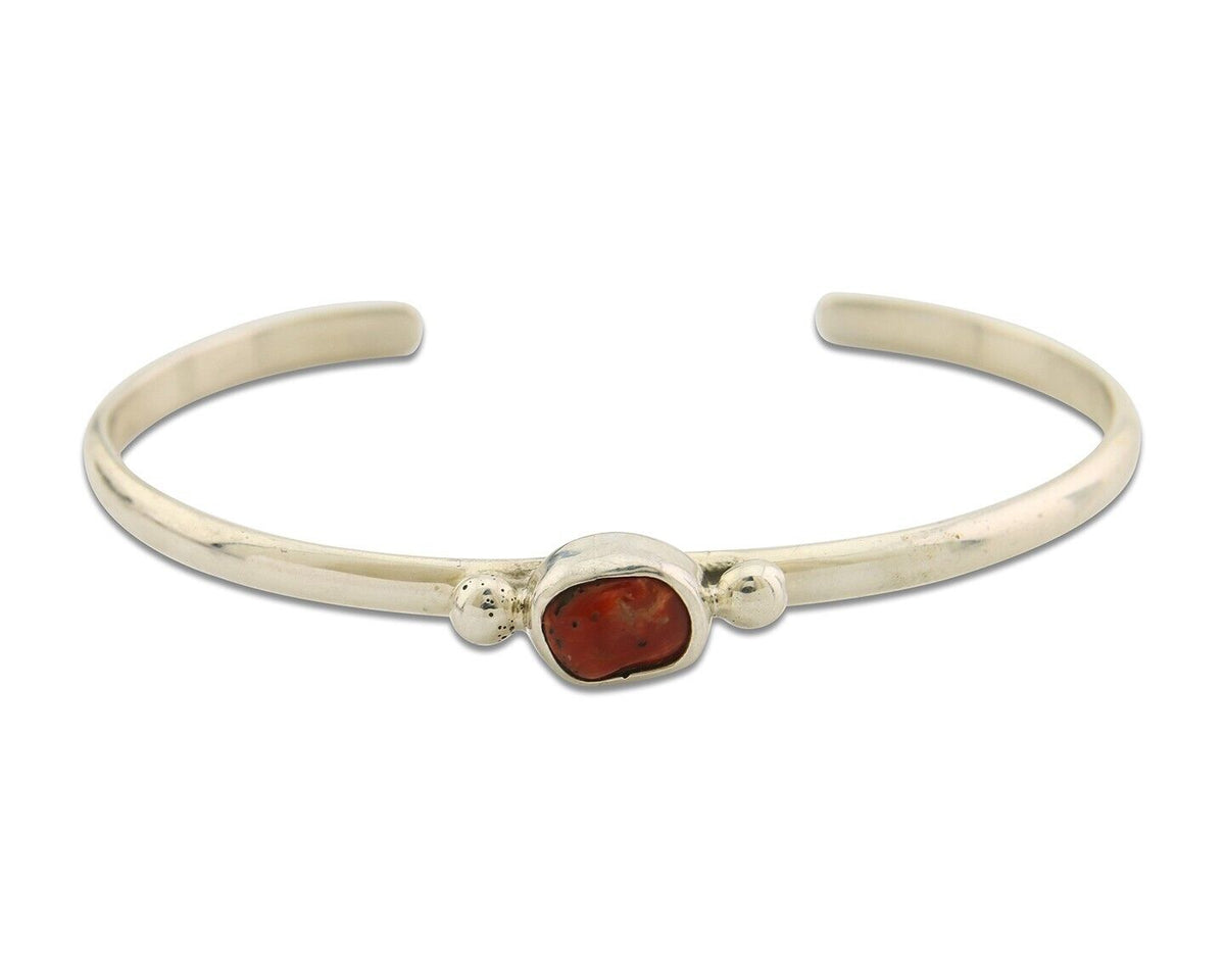 Navajo Bracelet .925 Silver Natural Red Coral Cuff Native American Artist C.80's