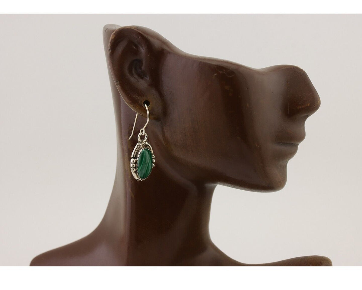Navajo Earrings 925 Silver Natural Malachite Native American Artist C.80's