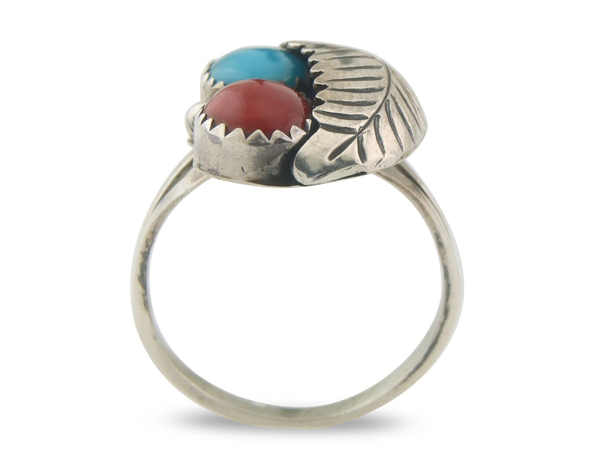 Navajo Ring 925 Sterling Natural Coral & Turquoise Signed BB C.80's Size 6.0