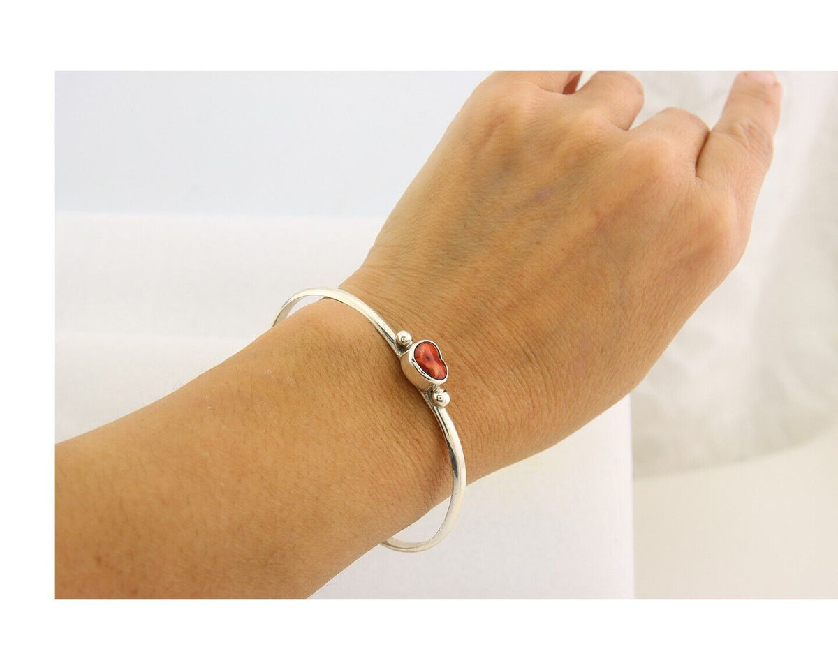 Navajo Bracelet .925 Silver Natural Red Coral Cuff Native American Artist C.80's