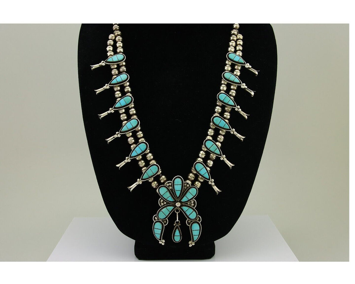 Zuni Squash Necklace 925 Silver Earring Set Turquiose Handmade Signed SM C.80's