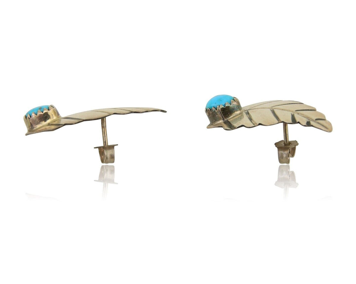 Navajo Earrings 925 Silver Natural Turquoise Artist Signed L-R Jake C.80's