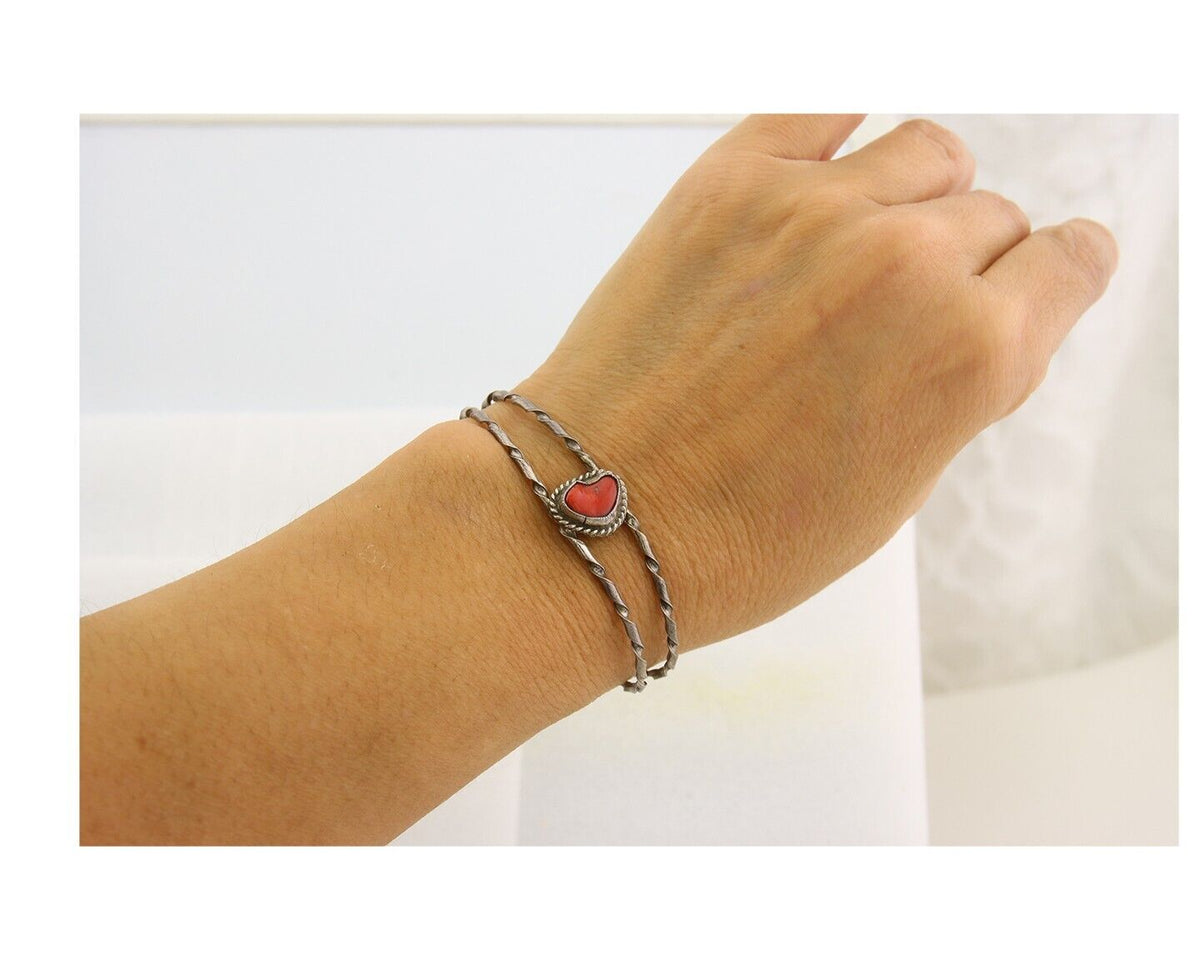 Navajo Bracelet .925 Silver Mediterranean Red Coral Cuff Native Artist C.80's