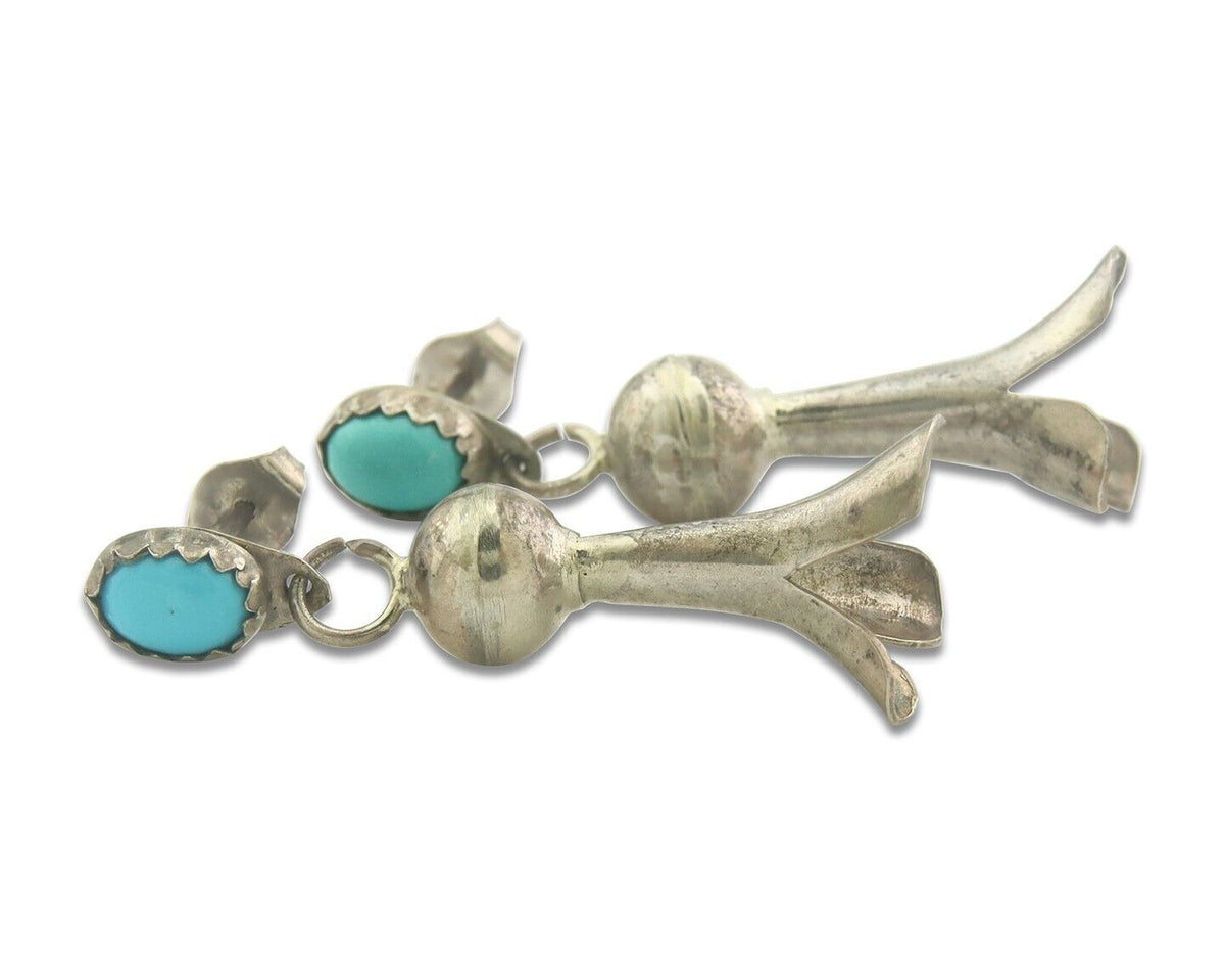 Navajo Squash Earrings 925 Silver Natural Turquoise Native American Artist C80s