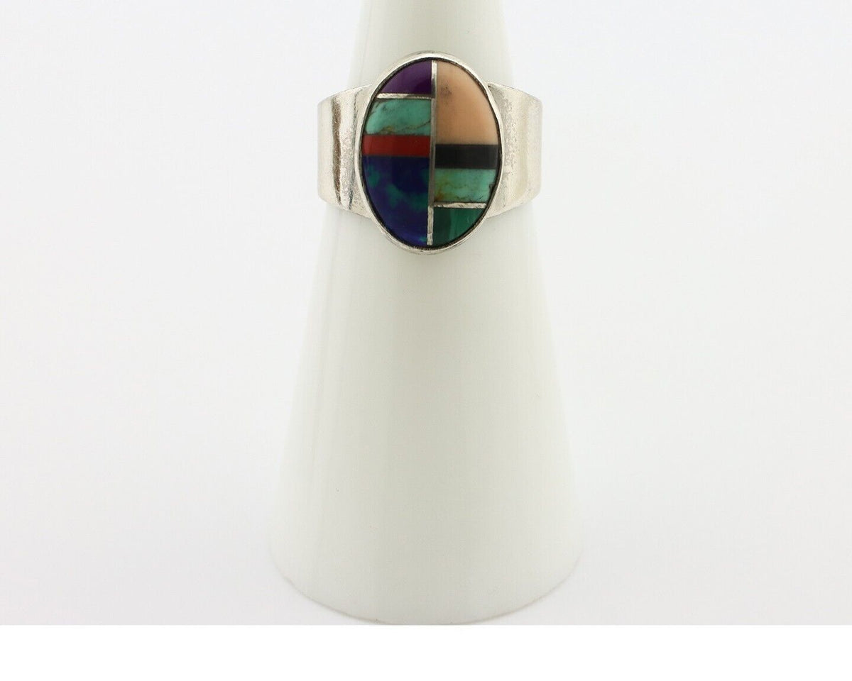 Zuni Inlaid Ring 925 Silver Mixed Natural Gemstones Native American Artist C.80s