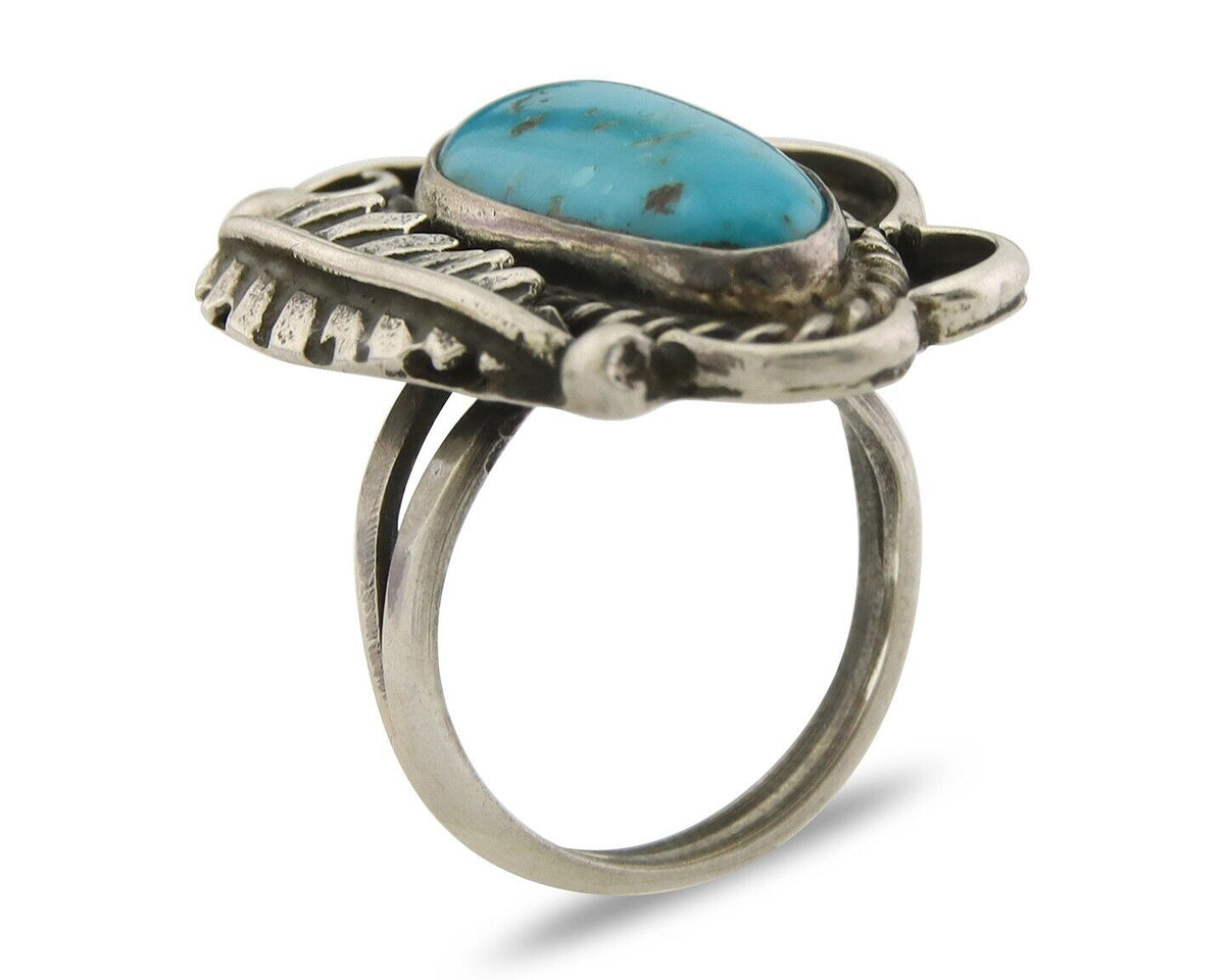 Navajo Ring 925 Sterling Natural Blue Turquoise Native Artist C.80's Size 4.5