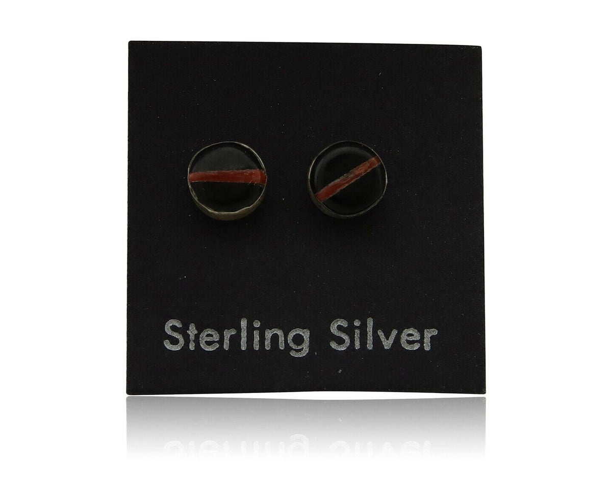 Navajo Earrings 925 Silver Inlaid Natural Onyx & Coral Native Artist C.80's