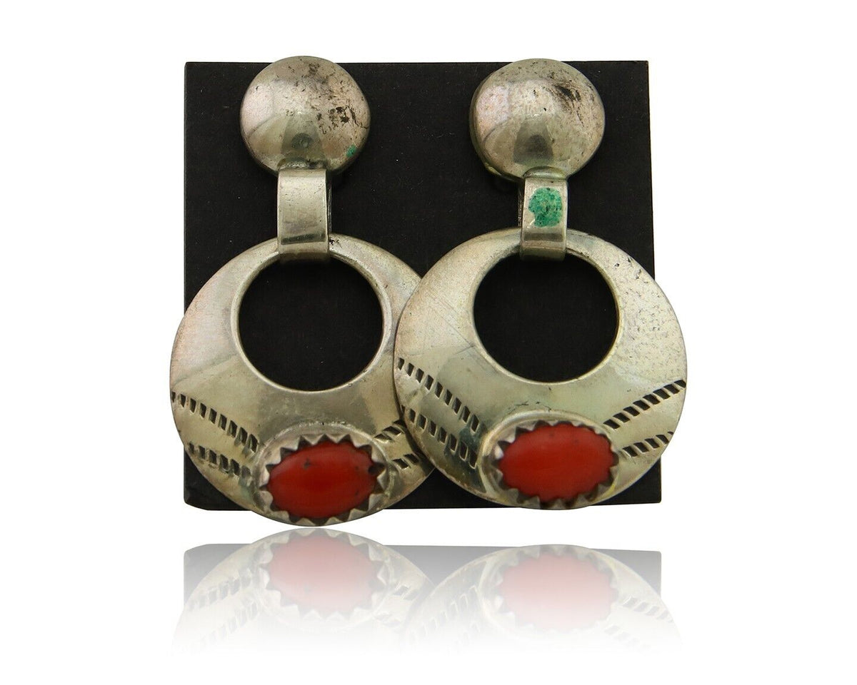 Navajo Earrings 925 Silver Natural Red Coral Artist Signed KF C.80's
