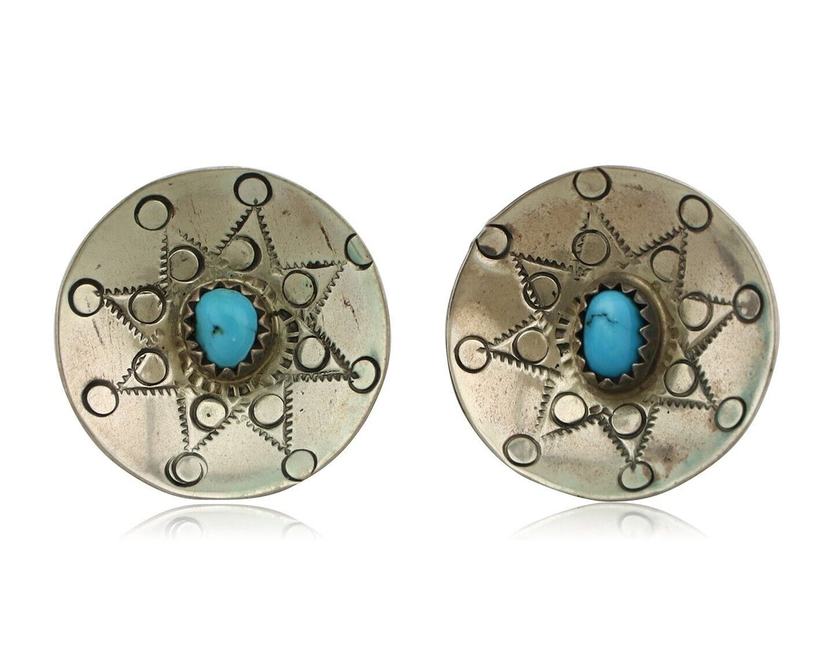 Navajo Hand Stamped Earrings 925 Silver Turquoise Signed Helen Harrison C.80's