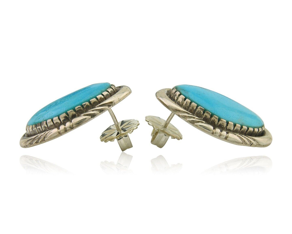 Navajo Earrings 925 Silver Natural Turquoise Artist Signed E Jackson C80s