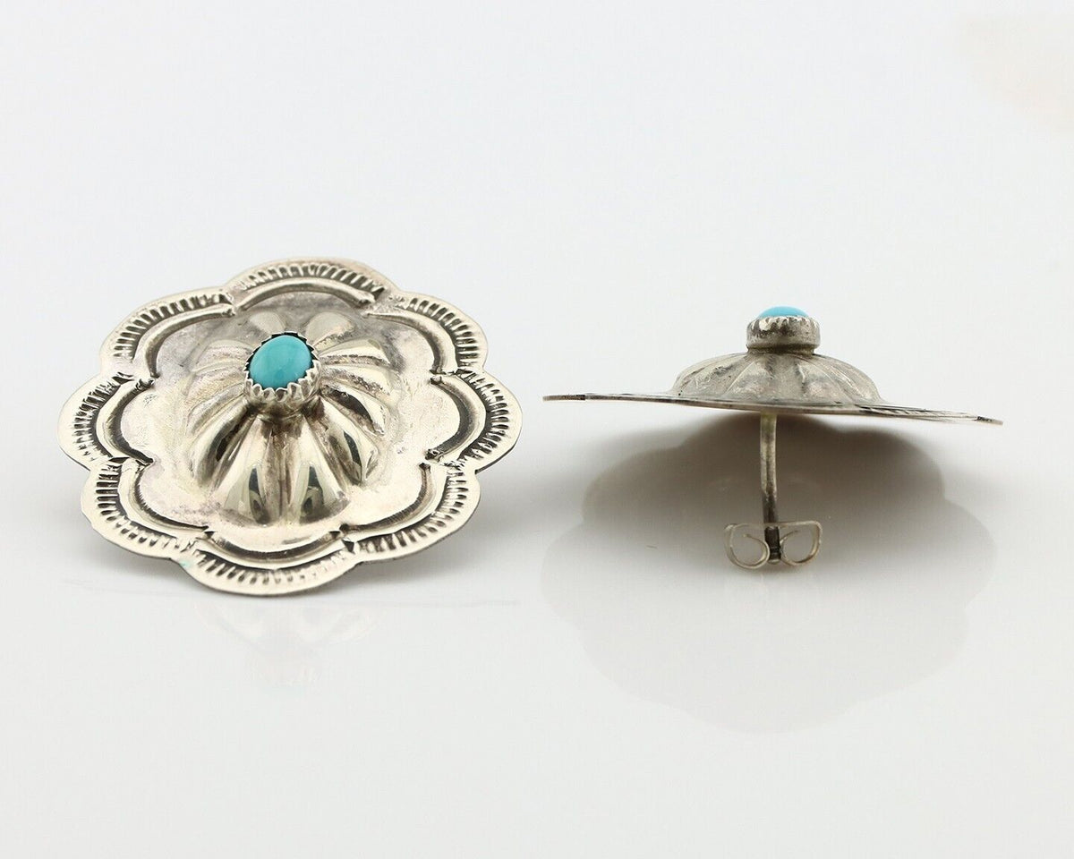 Navajo Hand Stamped Earrings 925 Silver Turquoise Native Artist C.80's