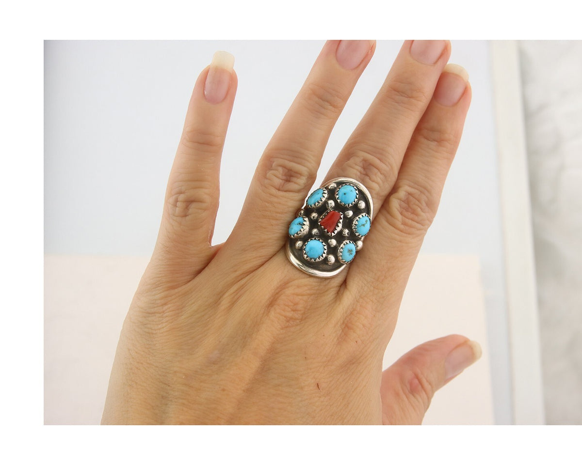 Navajo Ring 925 Sterling Natural Coral & Turquoise Signed EH C.80's Size 6.25