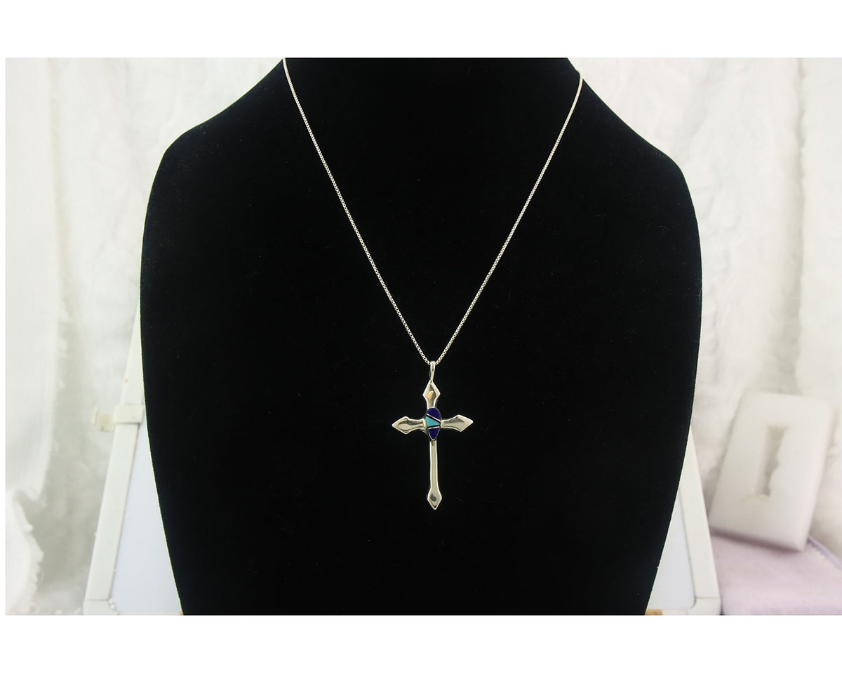 Navajo Cross Necklace Sterling Silver Authentic Natural Gemstones Signed M