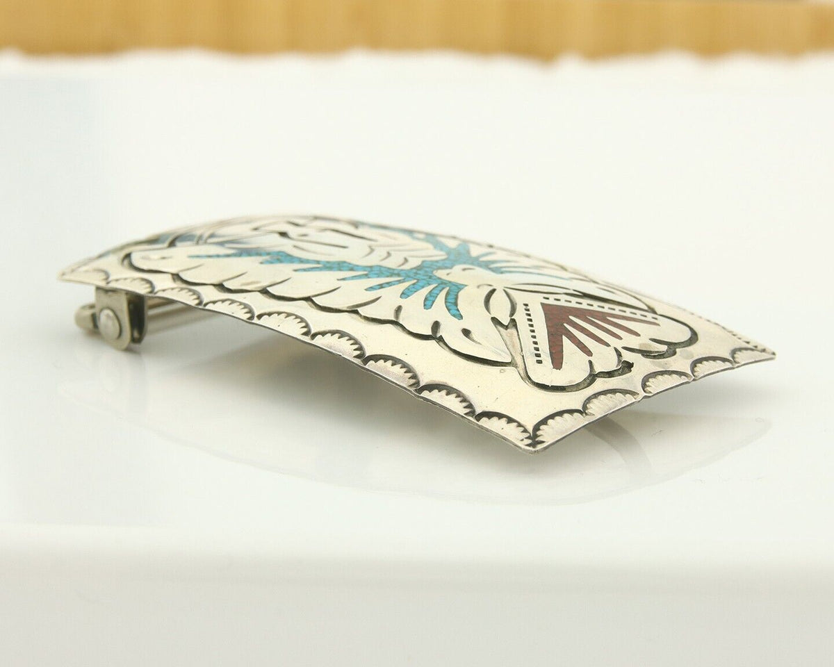 Vintage Navajo Belt Buckle 925 Sterling Silver Handmade Inlaid Gemstone Signed B