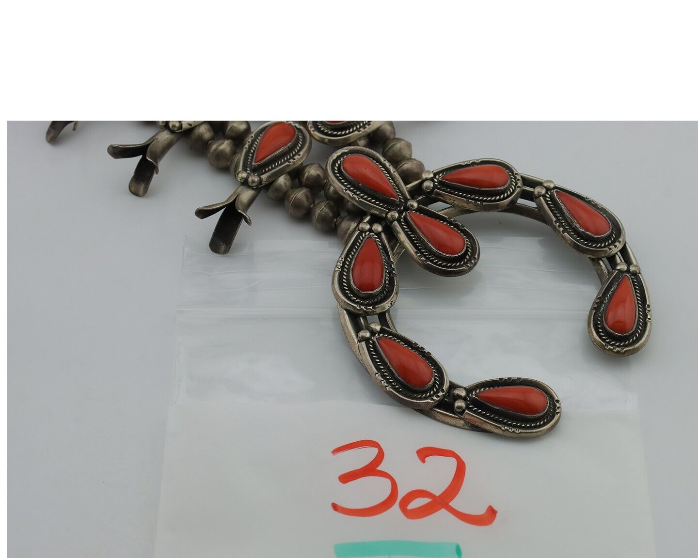 Navajo Coral Squash Necklace 925 Silver Handmade Native American Artist C.80's