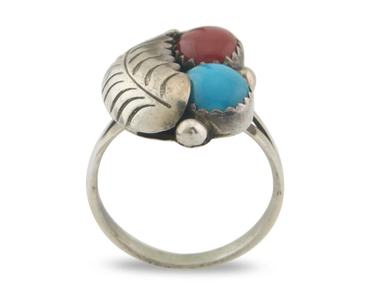 Navajo Ring 925 Sterling Natural Coral & Turquoise Signed BB C.80's Size 5.25