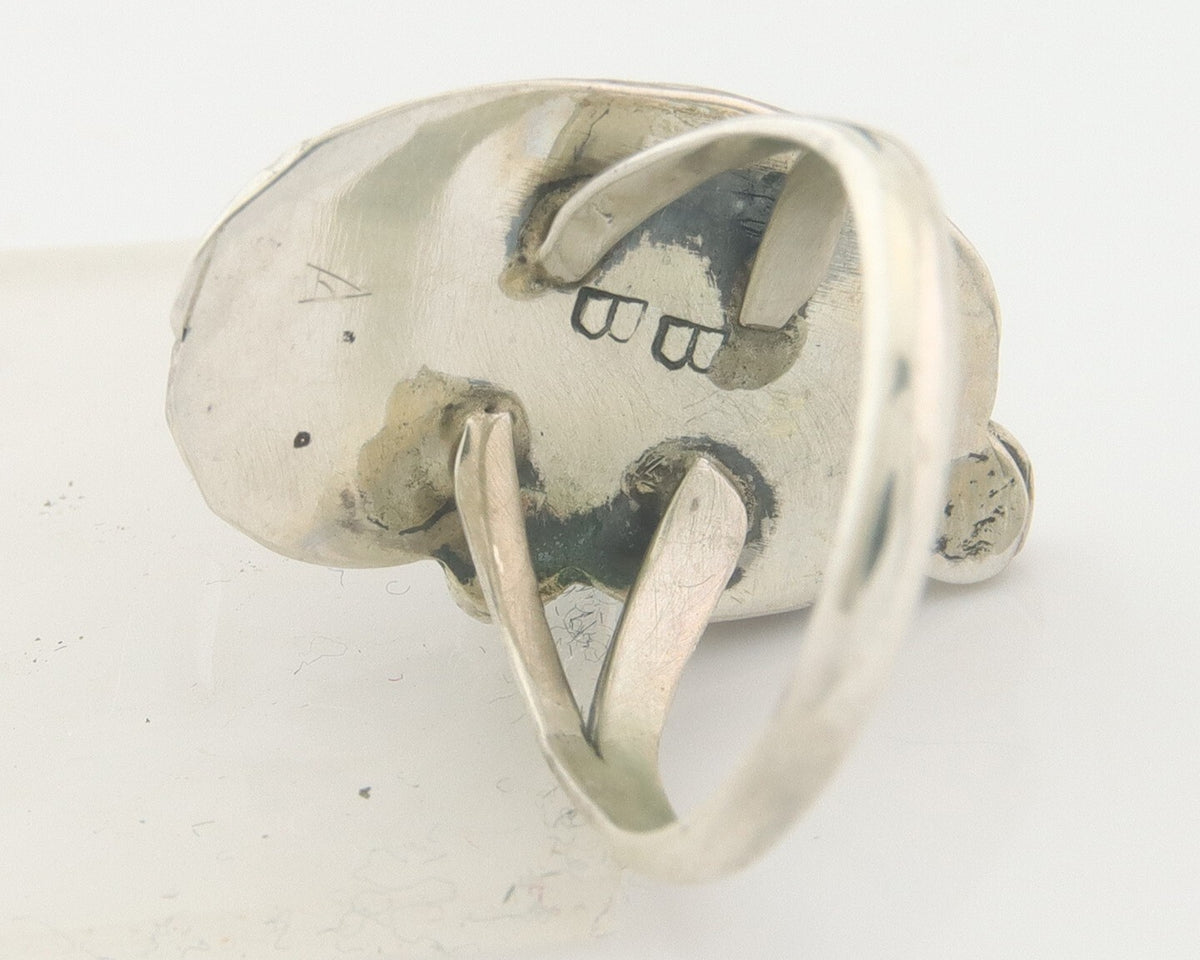 Navajo Ring 925 Sterling Natural Coral & Turquoise Signed BB C.80's Size 5.0