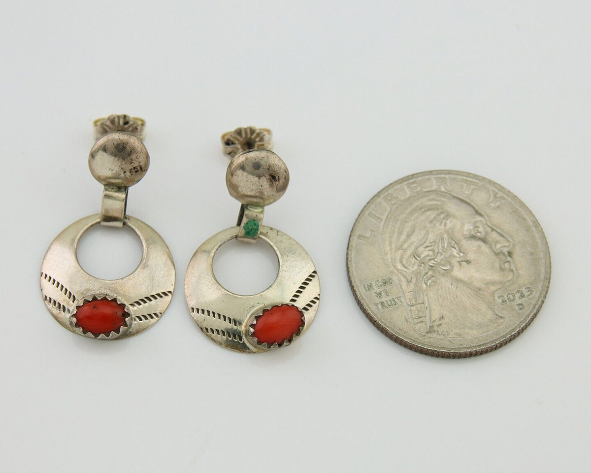 Navajo Earrings 925 Silver Natural Red Coral Artist Signed KF C.80's